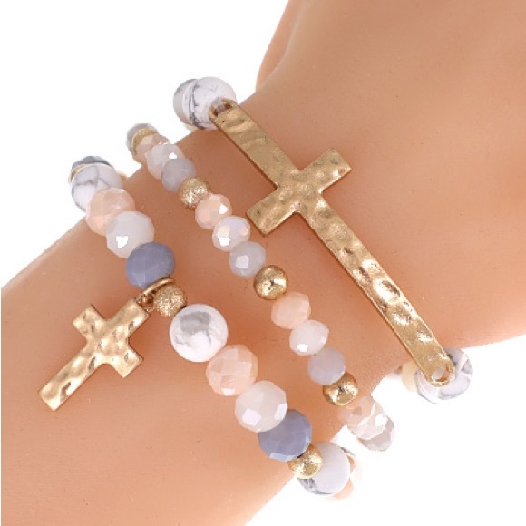 Jewelry - 1085-3Pcs Cross Stretch Bead Bracelets -White/Gray